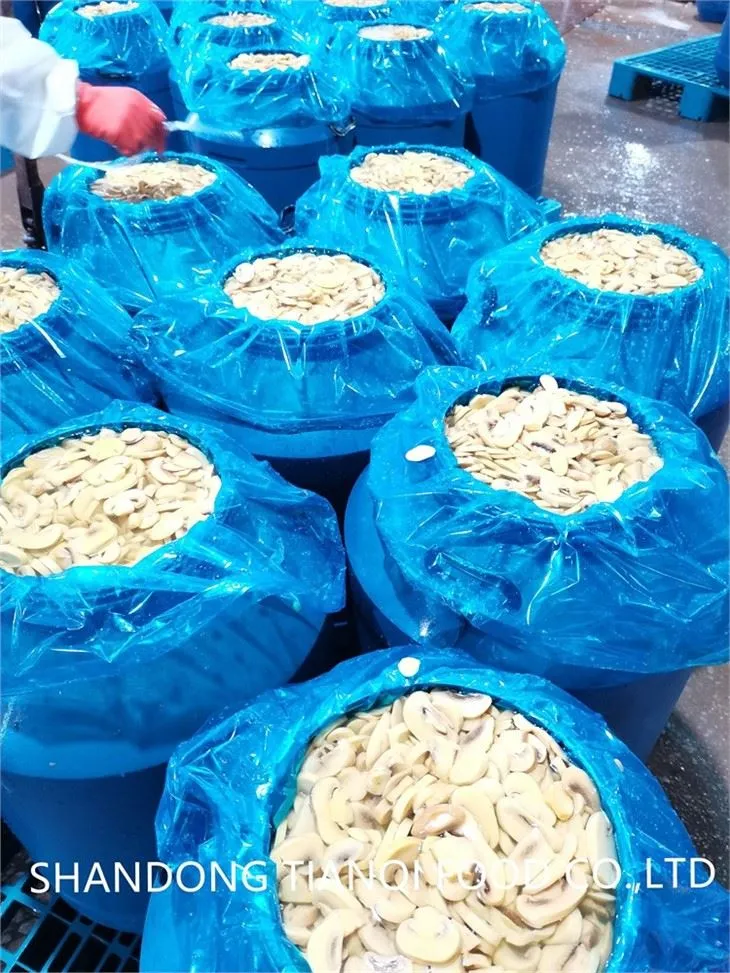White sliced mushroom in brine in drums
